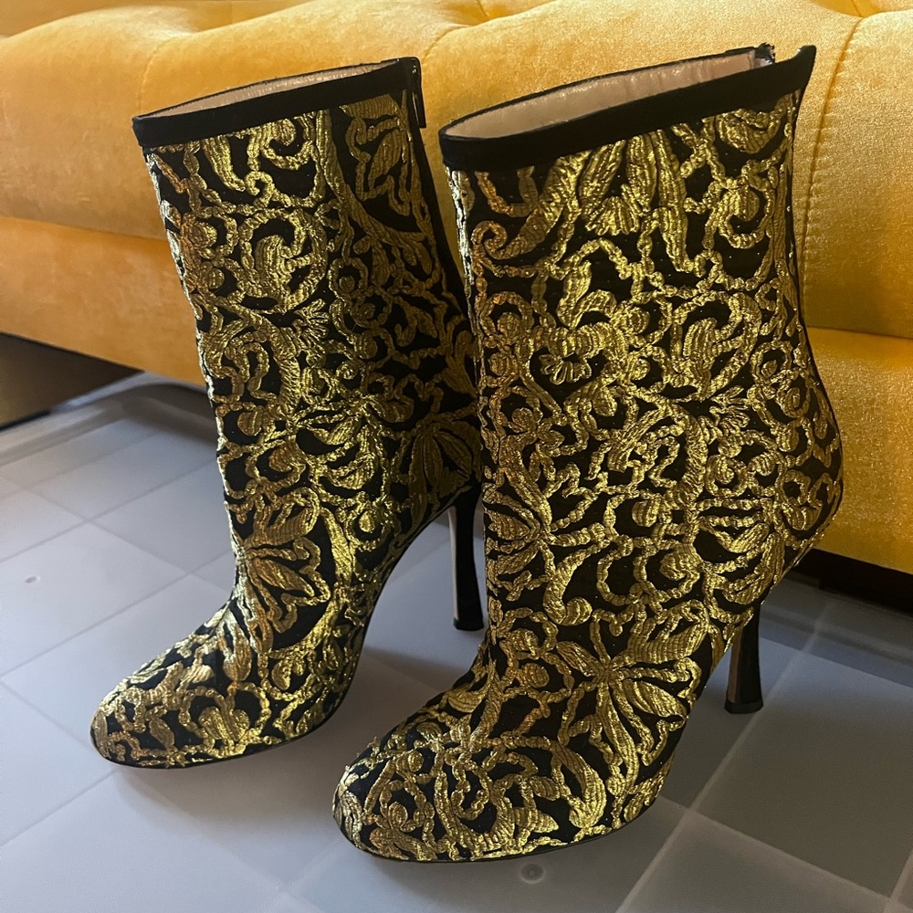 Oscar de la Renta Gold and Black Heeled Boots with Baroque Design. HARD TO FIND!